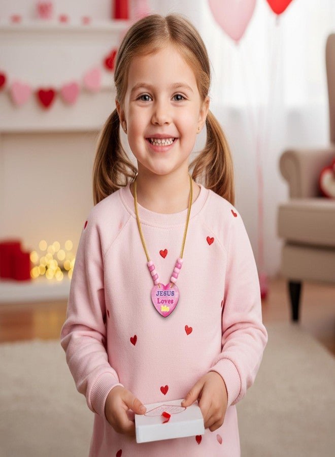 BeYumi Valentine Necklace Craft Kit - 24Pcs DIY Valentine JESUS LOVES ME Wooden Heart Pendant Beads Necklace Making with Greeting Card Christian Religious Gift Kids Church School Classroom Party Favor - Image 3